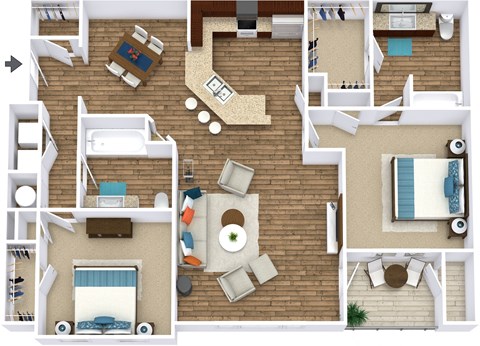 Floor plan for 2 beds, 2 baths, 1241 sqft